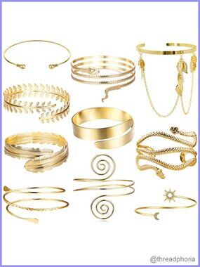 Adjustable Upper Arm Cuff Bracelet Set - 10 Pcs Gold Plated Bohemian Armband